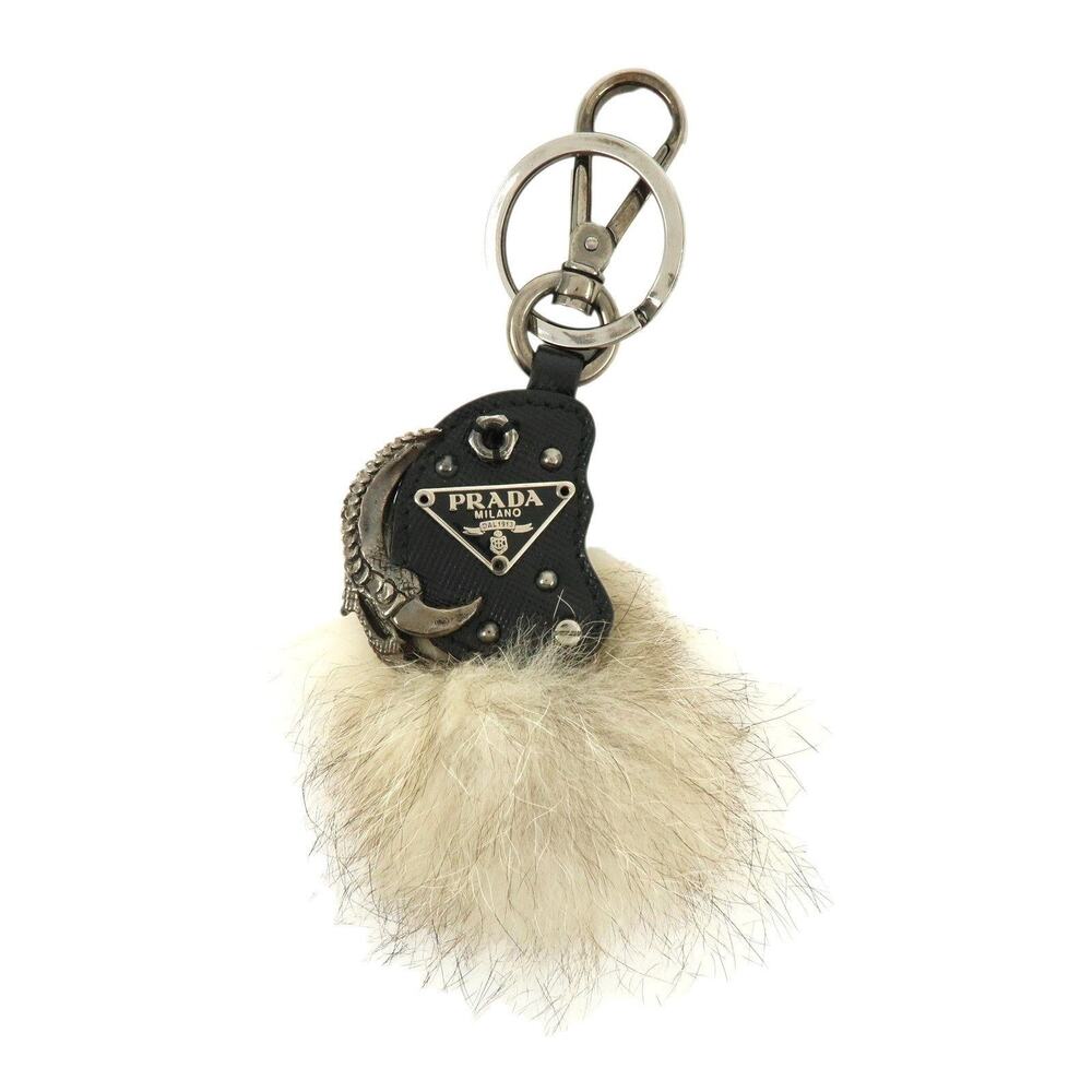Prada Triangle Logo Saffiano Leather Fur Bag Charm Black